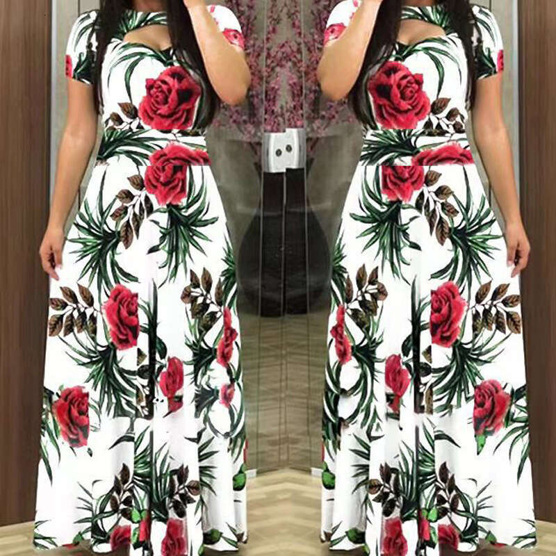 2025 Spring Women's Elegant And Fashionable Printed Round Neck Short Sleeve Grand Swing Dress 661 KLMY