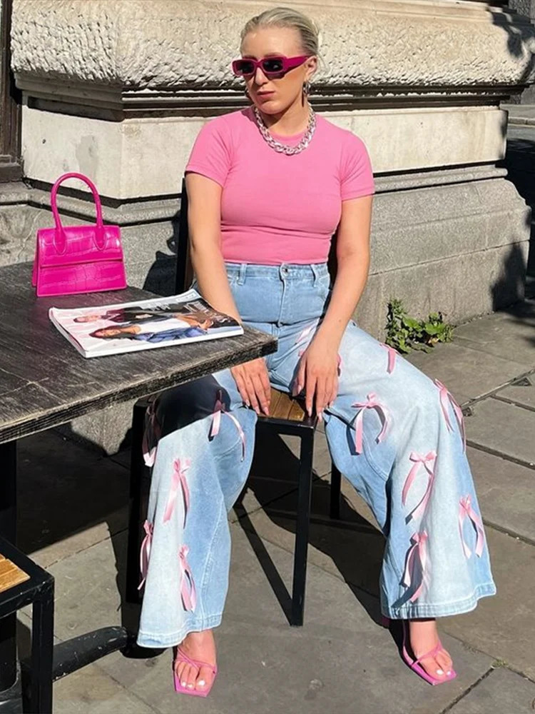 Ribbon Bow Straight Baggy Jeans Women High Waist Washed Distressed Long Pants Casual Fashion Sweet Loose 250311