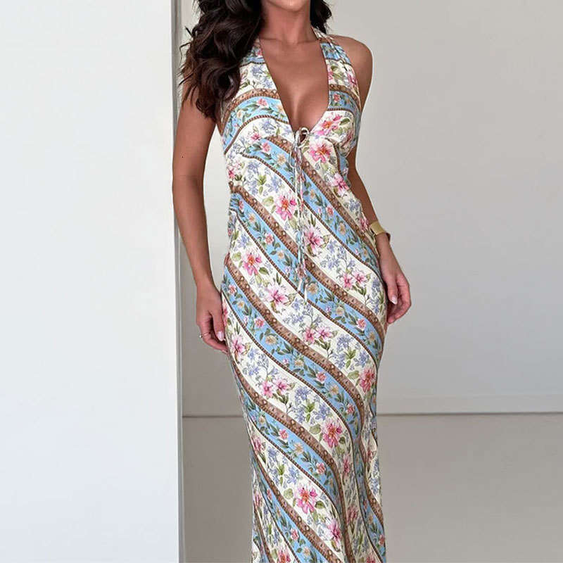 2025 New Spring Women's Sexy Printed V-Neck Backless Hanging Neck Dress KLMY