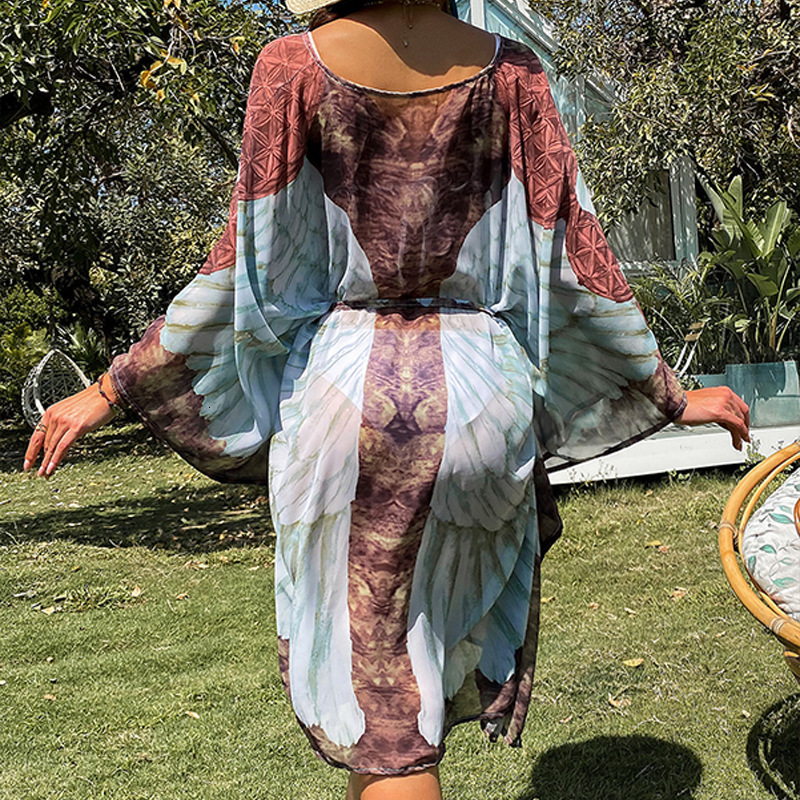 Beach Sun Protection Clothing With Loose Printed Angel Wings, Knitted Bikini, And Beach Cover