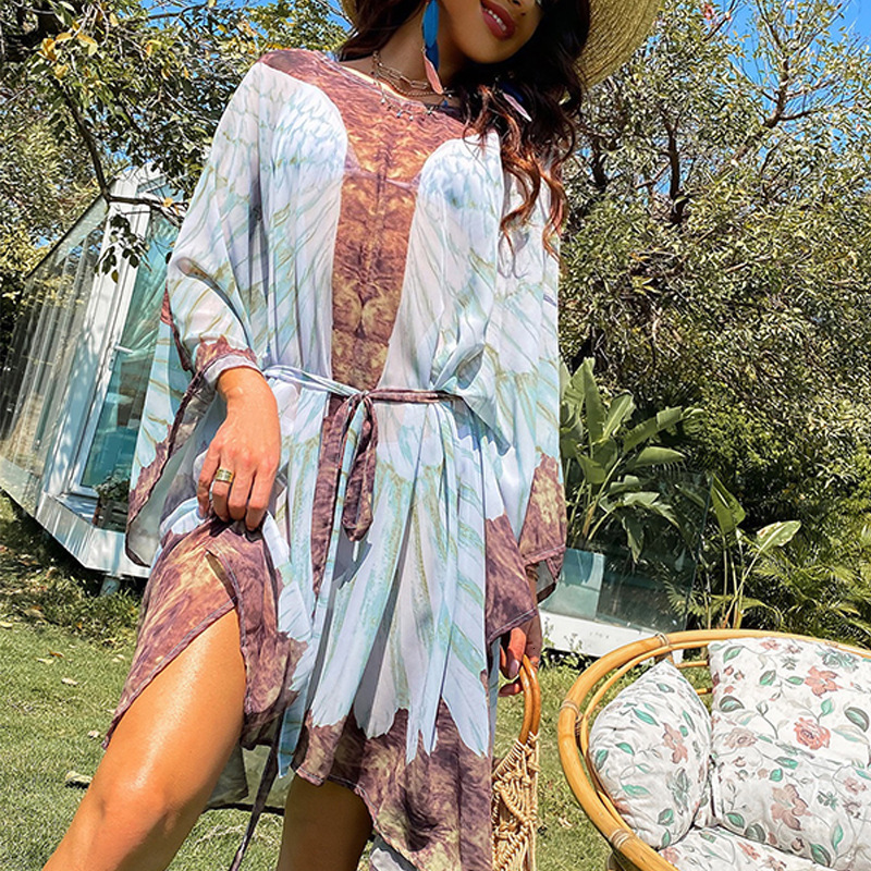 Beach Sun Protection Clothing With Loose Printed Angel Wings, Knitted Bikini, And Beach Cover