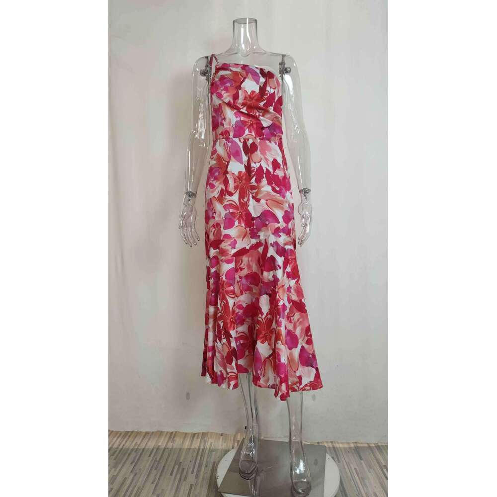 Sample Of Women's Commuting Simple Printed Diagonal Collar Ruffle Edge Dress KLMY