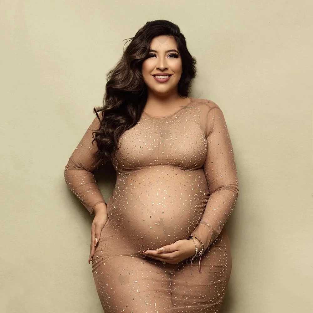 New Transparent Maternity Photography Gowns Sparkling Rhinestone Elastic Mesh Fashion Sexy Dress Pregnant Women For Photo Shoot X250224