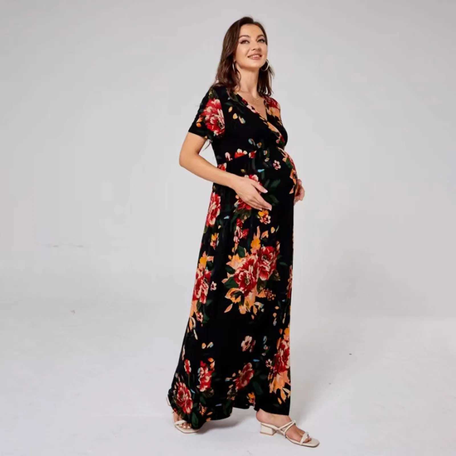 Womens Maternity Knit Dress Fashion Breathable Floral Short Sleeve DressT250311