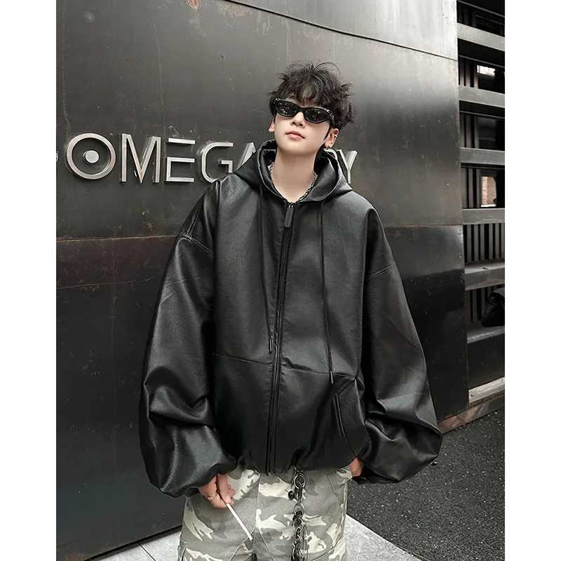 High-End Feel American Style Hooded Leather Jacket For Men Casual Loose Fit Street Motorcycle Fashion PU Leather JacketT250311
