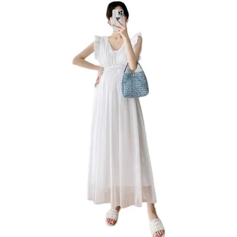2806# Summer Maternity Photography Dress Elegant Ruffle V Neck High Waist Slim Clothes for Pregnant Women Sexy Hot PregnancyT250311