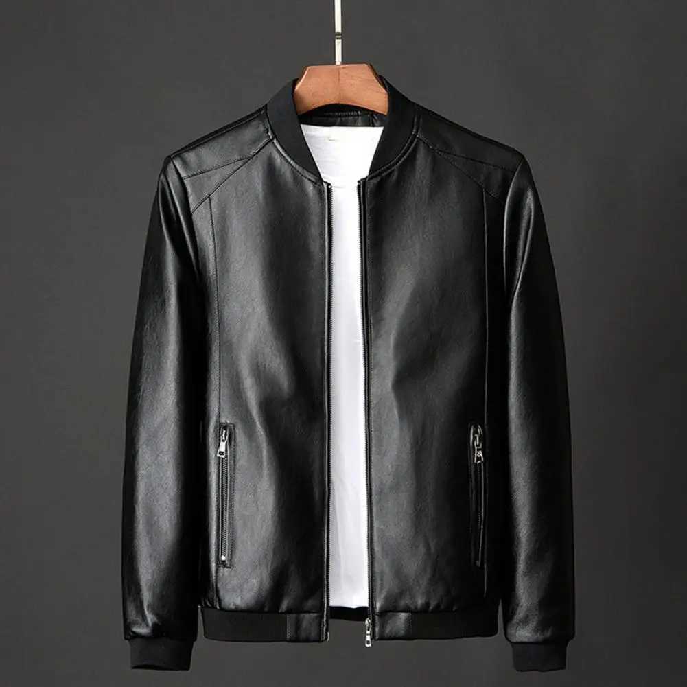 Men Motorcycle Jacket Faux Leather Stand Collar Zipper Closure Mens Moto Biker Leather Coat Autumn Men Outerwear 2023 Men JacketT250311