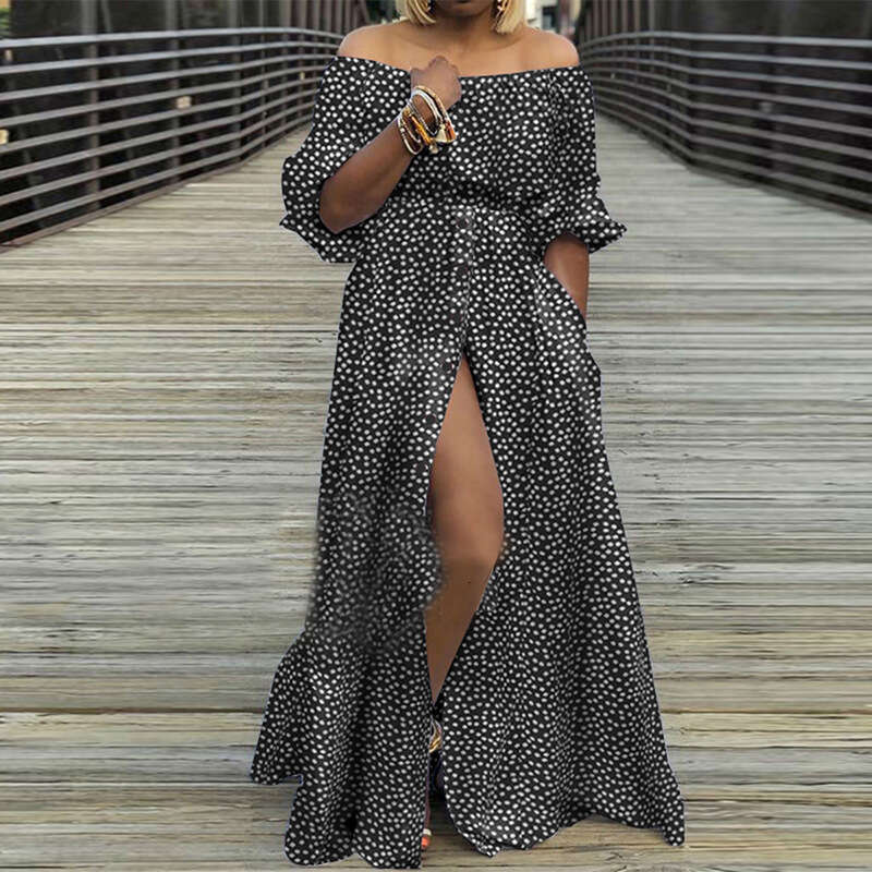 Women's Temperament One Shoulder Printed Slit Waist Wide Swing Dress 661 KLMY