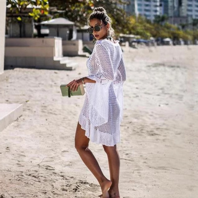 New Hollow Out Knitted Skirt With Flared Sleeves, Beach Jacket, Sexy Bikini Cover Up, Sun Protection Suit, Swimsuit, Outerwear