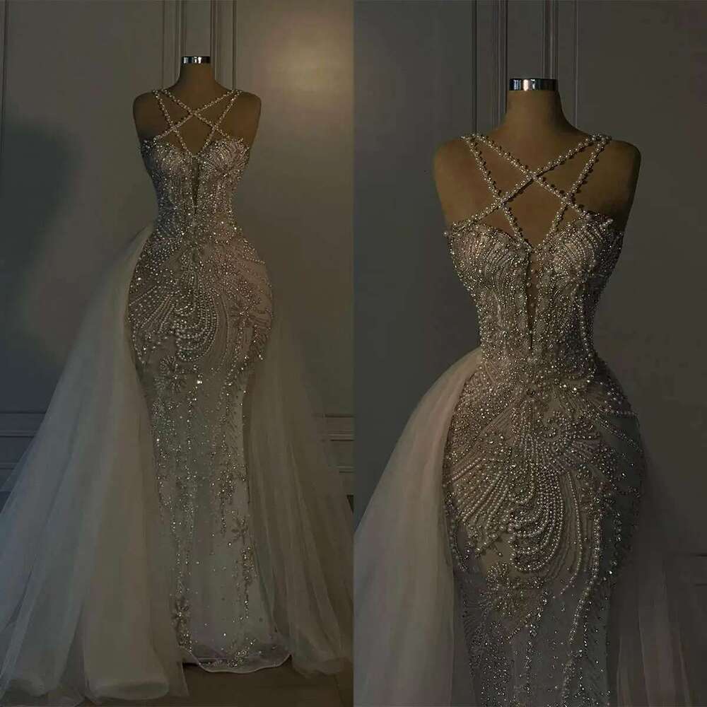 Sexy Beads Mermaid Wedding Fashion Lace Pearls Sleeveless Up The Floor Bridal Dress Made To Order
