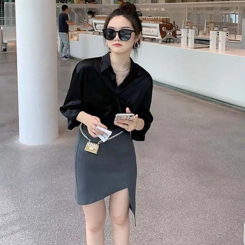 Spring White Satin Women Shirts Long Sleeve Button Solid Color Blouse Casual Office Lady Shirt Elegant Female Tops Fashion 250310