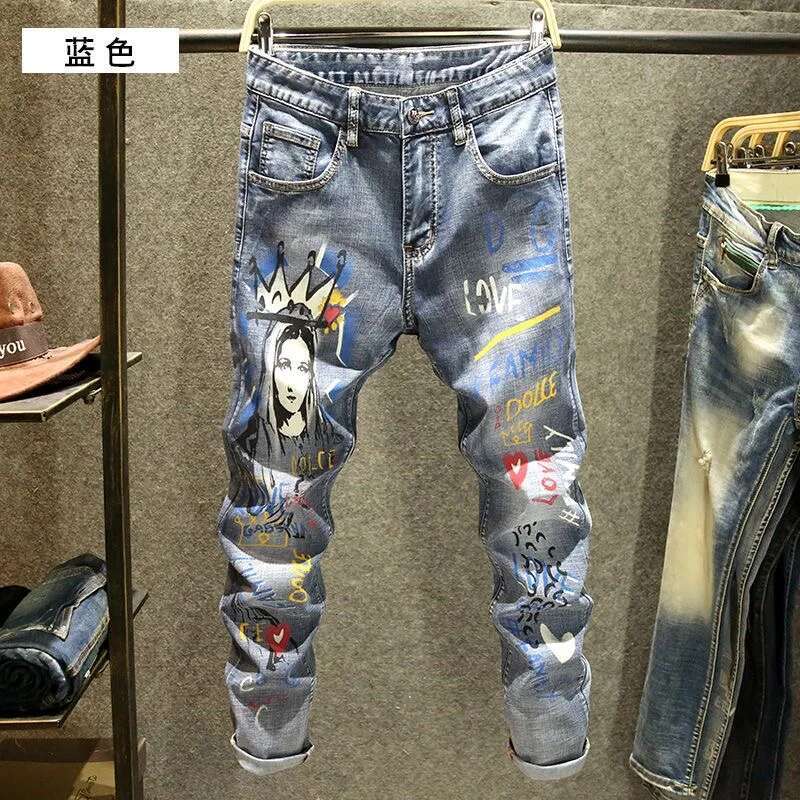 2025 summer New Classic Fashion Designer One Piece Printed Blue Small Leg Pants Men s Casual Pants Slim Fit Comfortable Elastic Jeans Outdoor Casual S