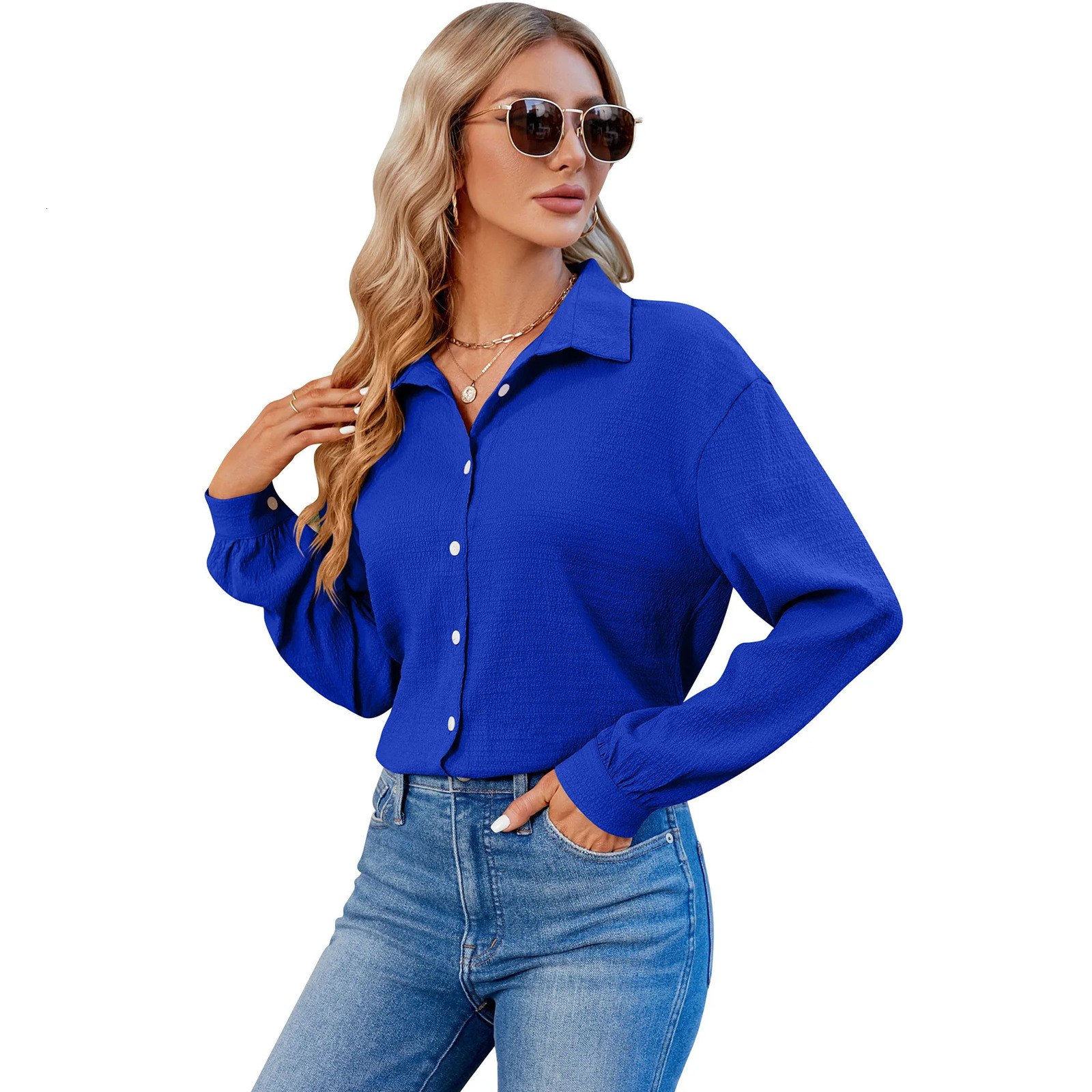 YJKDYK Spring Autumn Womens Blouses Top With Sleeves Female Solid Color Bubble Wrinkled Commute Loose Shirt 250311