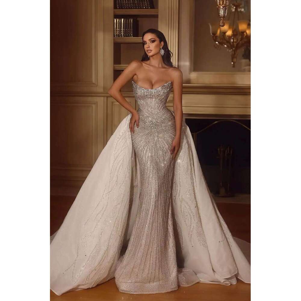 Esnte Strapless Mermaid Women's Sleeveless Wedding Sequins Train Dresses Detachable Bridal Dress