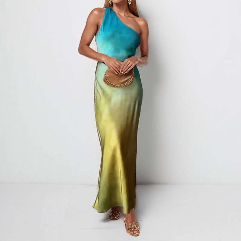 Women's 2025 New Style Satin Sloping Shoulder Backless Sexy Tie Dye Gradient Dress For Women KLMY