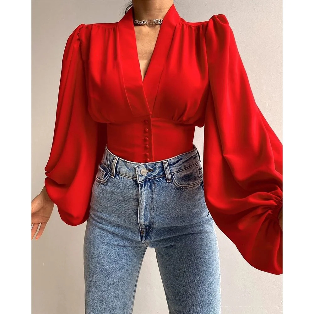 Heat resistant short top for women with fashionable buttons Vneck lantern sleeves Tshirt womens clothing printed shirt 250311