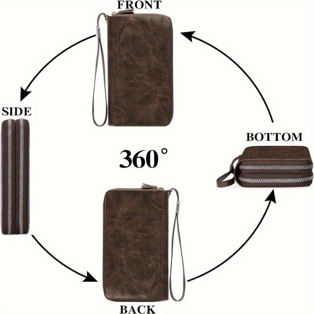 Oil Wax Leather Large Clutch Handbag Zipper Around Wallets Wristlet Card Business Phone Wallet Case for Men 250311