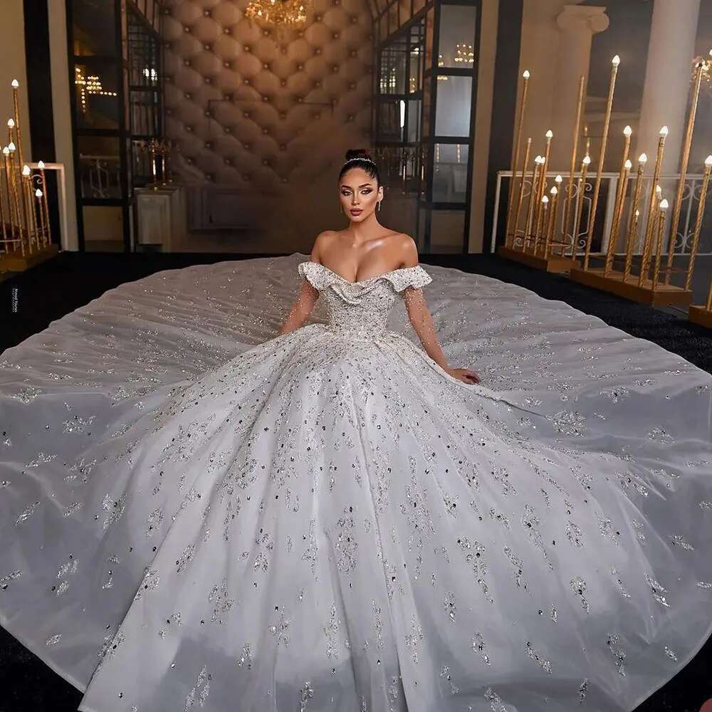 Arabic Crystals uoso Dresses Ball Gown Off Shoulder Lace Sequins Beads Custom Wedding Dress