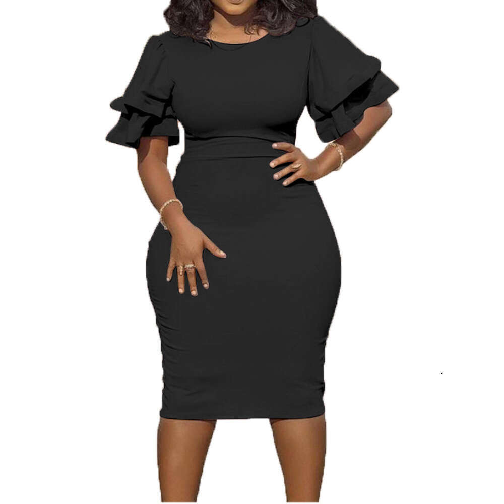 Women's Solid Color Slim Fit Version With Black Fungus Edge Sexy Hip Hugging Dress 661 KLMY