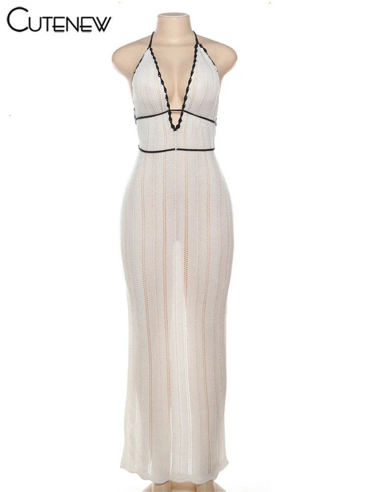 Cute Knit Halter Women Maxi Dress Classic Concise Bandage Backless Deep V-neck Slim Dresses Female Fashion Street Party Dress 250306