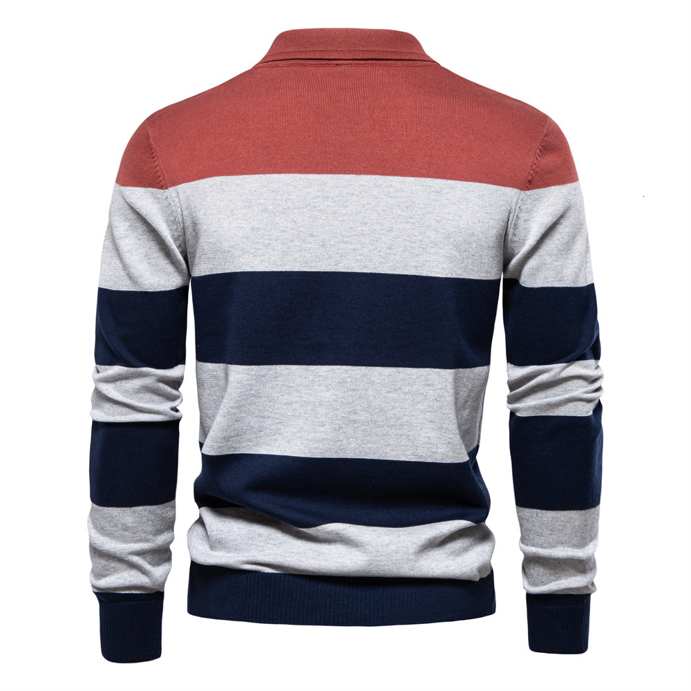 fashion Autumn New Long Sleeved POLO Collar Slim Fit Lapel Striped Patchwork Men's European Size Knitted Sweater