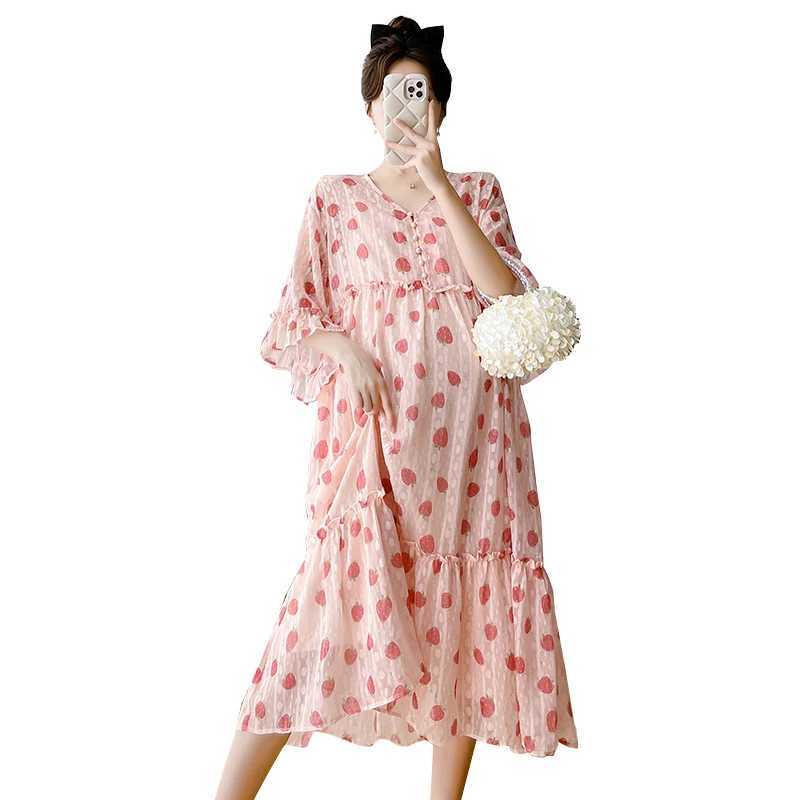 2025 Summer Plus Size Pregnant Womens Dresses Half Flare Sleeve Sweet Ruffles Patchwork Maternity Dobby Dress Pregnancy ClothesT250311