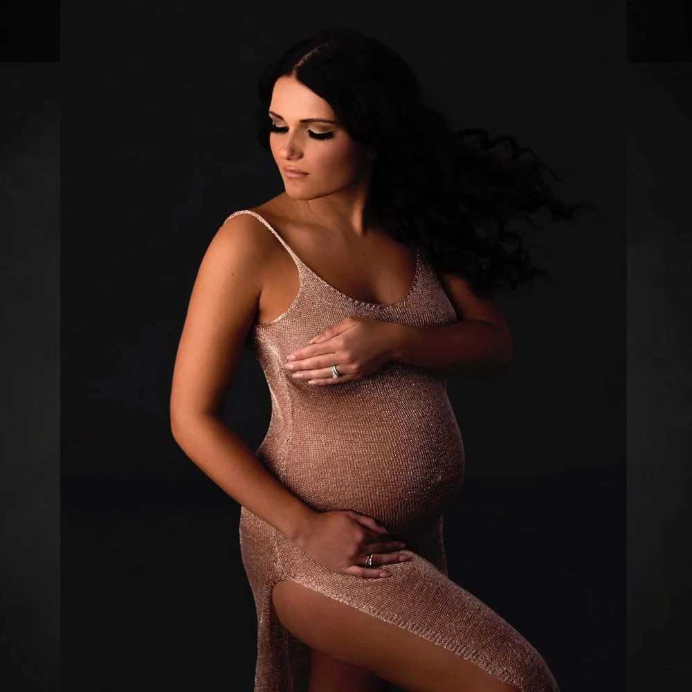 Pregnant womens photography rose gold champagne knitted small mesh pregnant womens dress V-neck elastic waist prop for photo shooting X250224