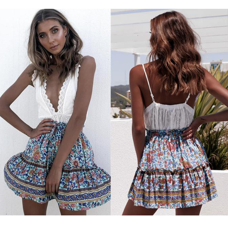 Internet Celebrity Printed Short With Elastic Waist And Small Bow, Ethnic Style Lotus Leaf Edge Beach Skirt