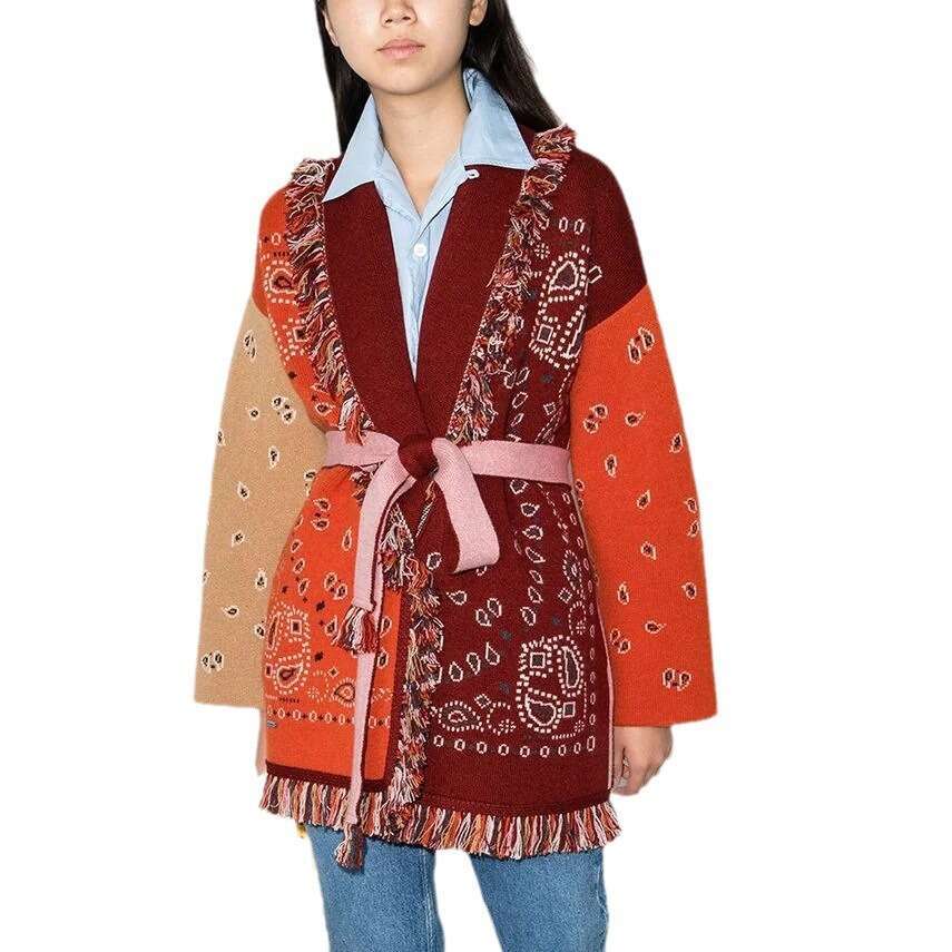 New Niche Bohemian Color Blocked Jacquard Sweater Cardigan Wool Blend Loose Knit Jacket