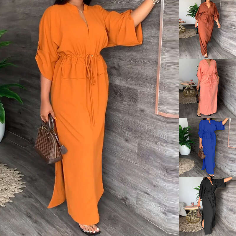 2025 New Women's Clothing Temperament V-Neck Lace Up Waist Loose Casual Slit Spring Dress For Women KLMY
