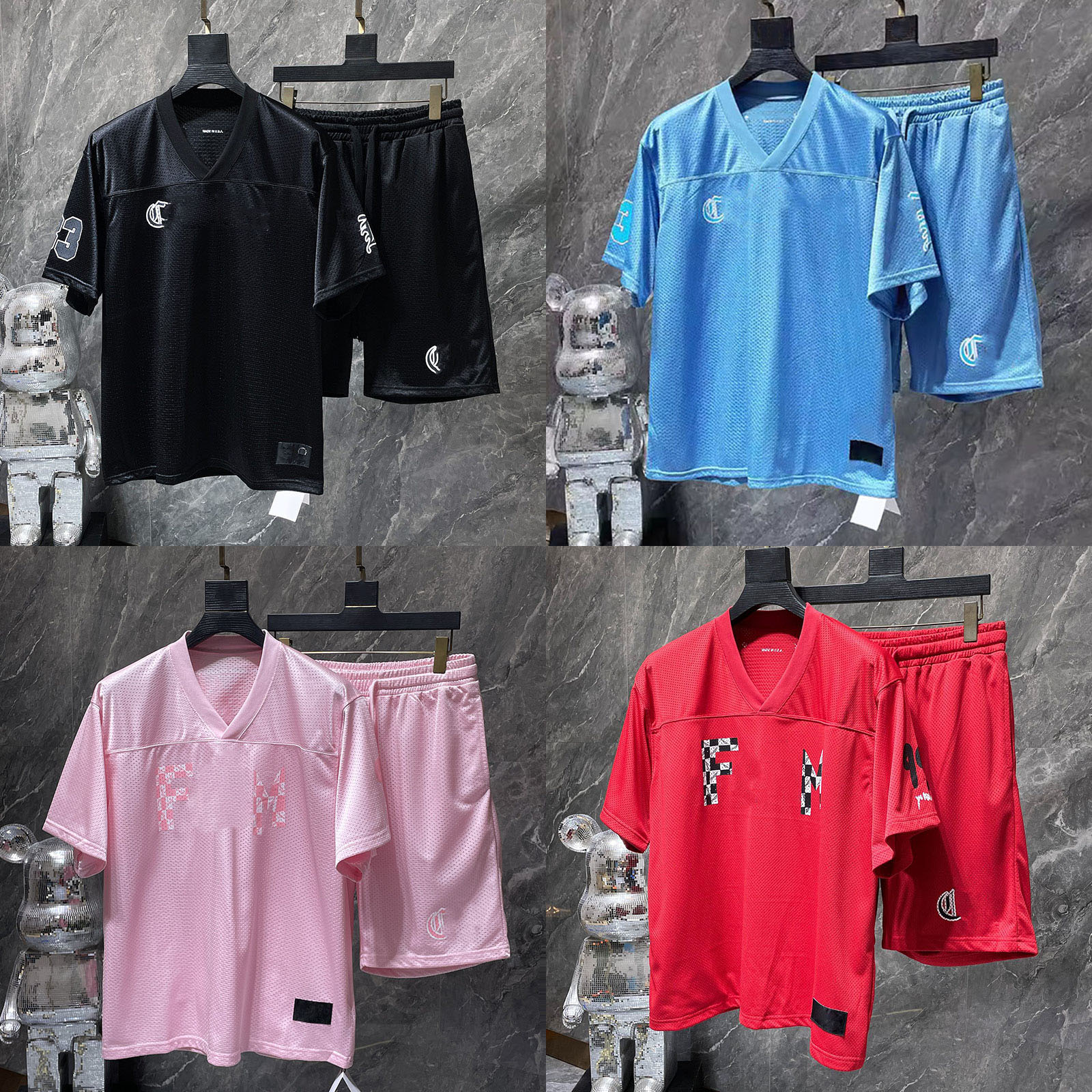 Designer Mens Tracksuit Jersey Letter Print Mesh T Shirt Vintage Sports Breathable Loose Long Sleeve Shirts Shorts Two Piece Set Men