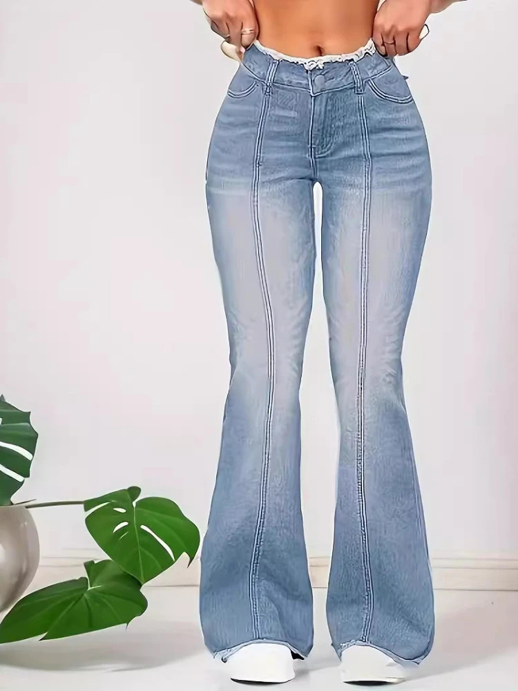 Womens Jeans Long Pants Denim Flare Slim Y2k Streetwear Bodycon High Waist Elegant Splice Lace Floral Trousers Spring 250311