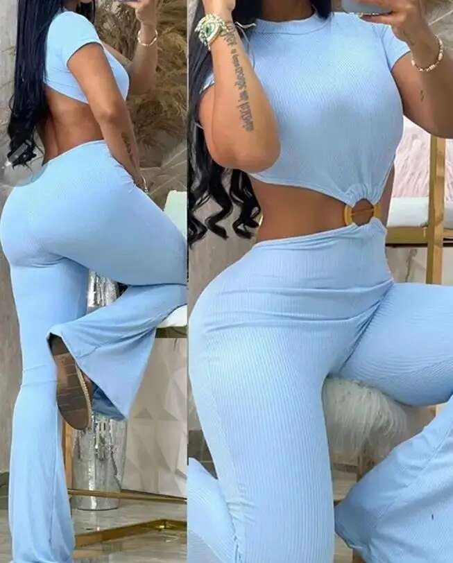 Ladies Summer Outfit O-Ring Decor Short Sleeve Sexy Backless Cutout High Waist Jumpsuit