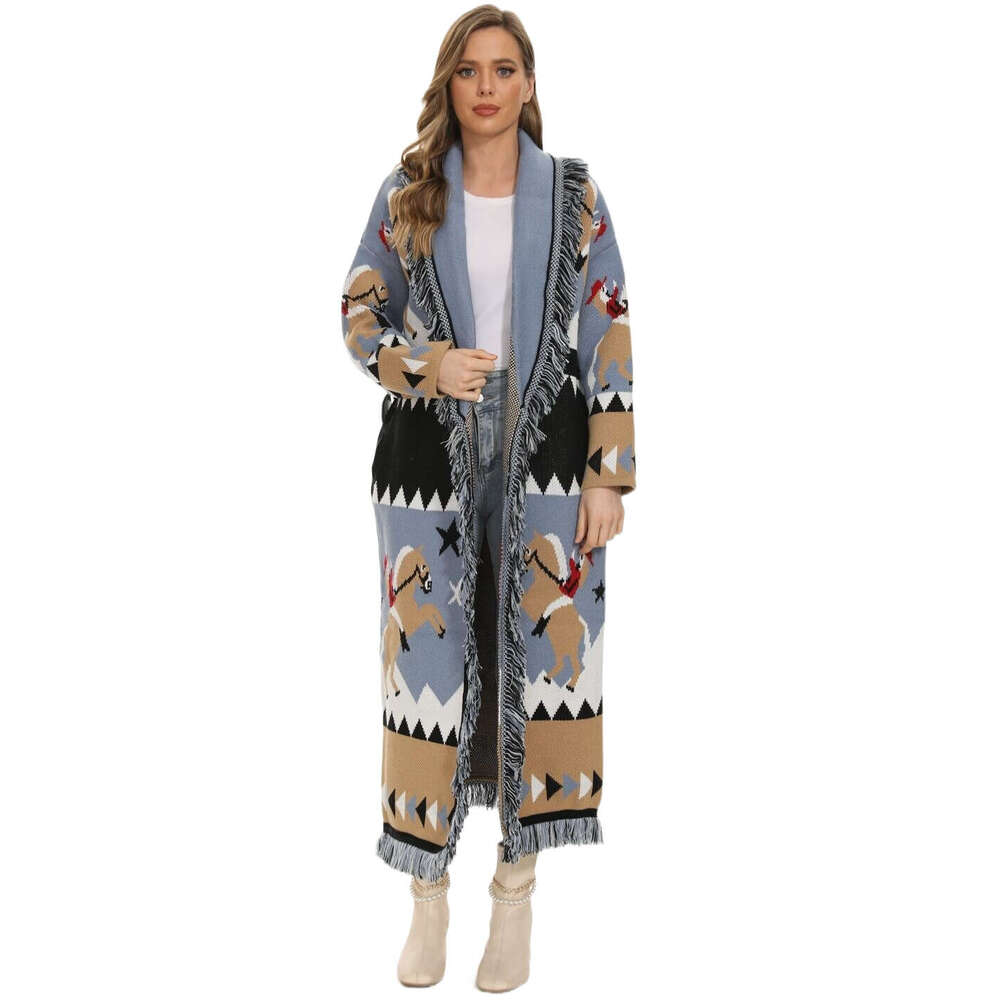 Autumn And Winter Extended Riding Jacquard Sweater Cardigan With Thick Tassel Wool Long Jacket
