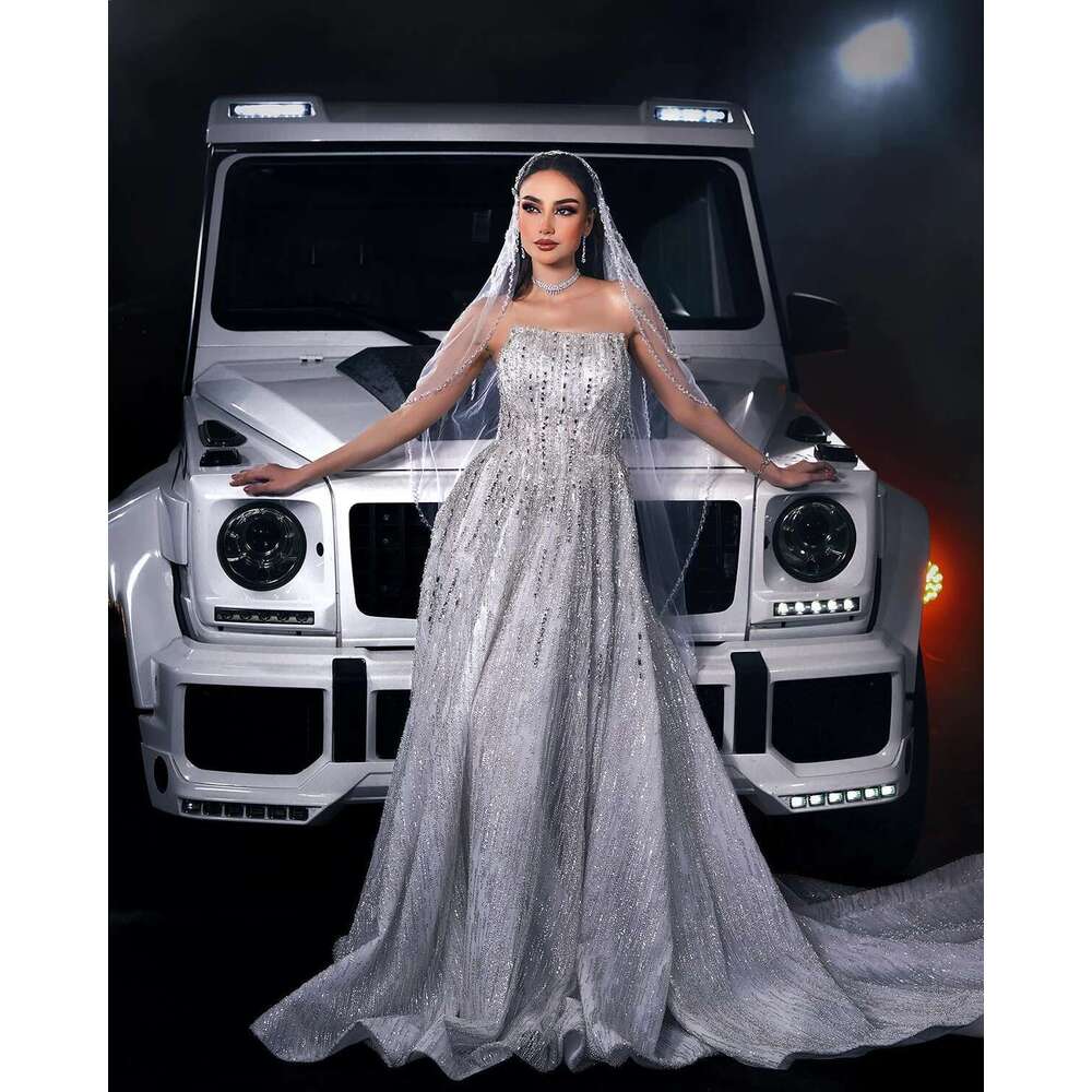 Glitter crystal a ha strapless sexy wedding dresses uoso sequins lace sleeveless custom robe