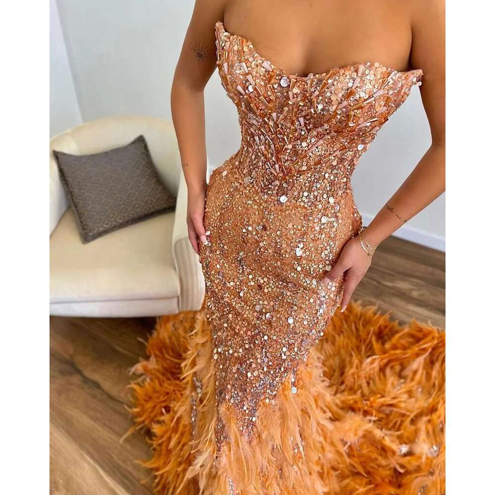 Strapless feather ball dress sparkling sequins lace sleeveless evening gowns beads robe de soiree custom