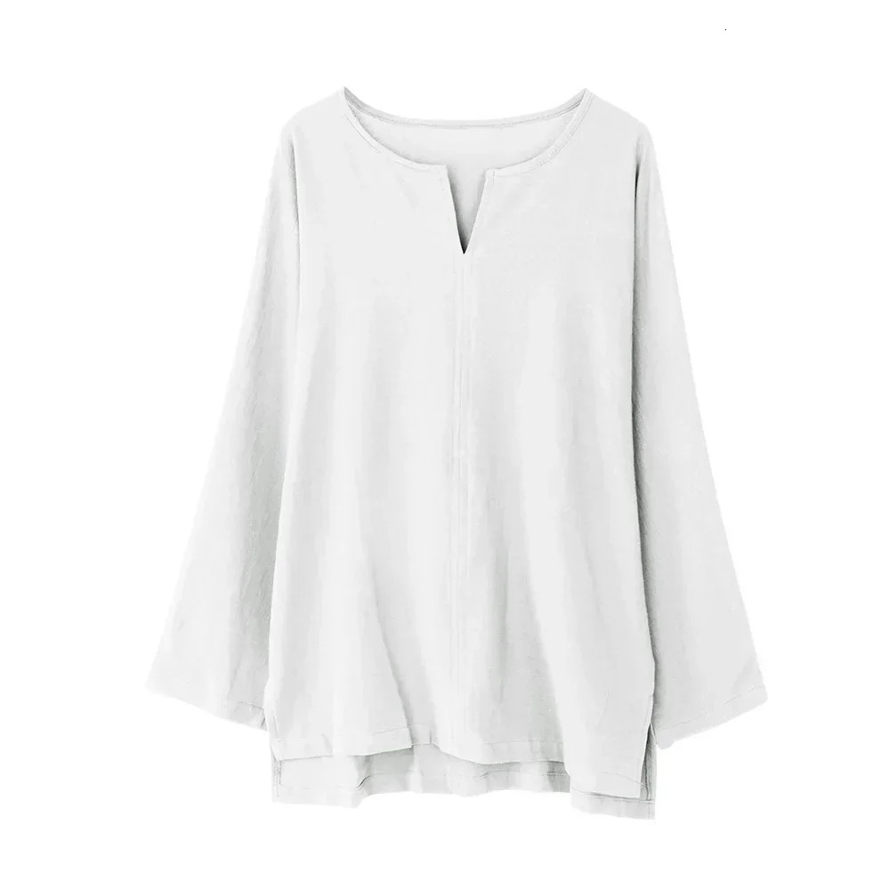 Mens Long Sleeve Tshirt Solid Color Vneck n Lightweight Shirts Oversized Breathable T Shirt Linen Cotton Streetwear 250311