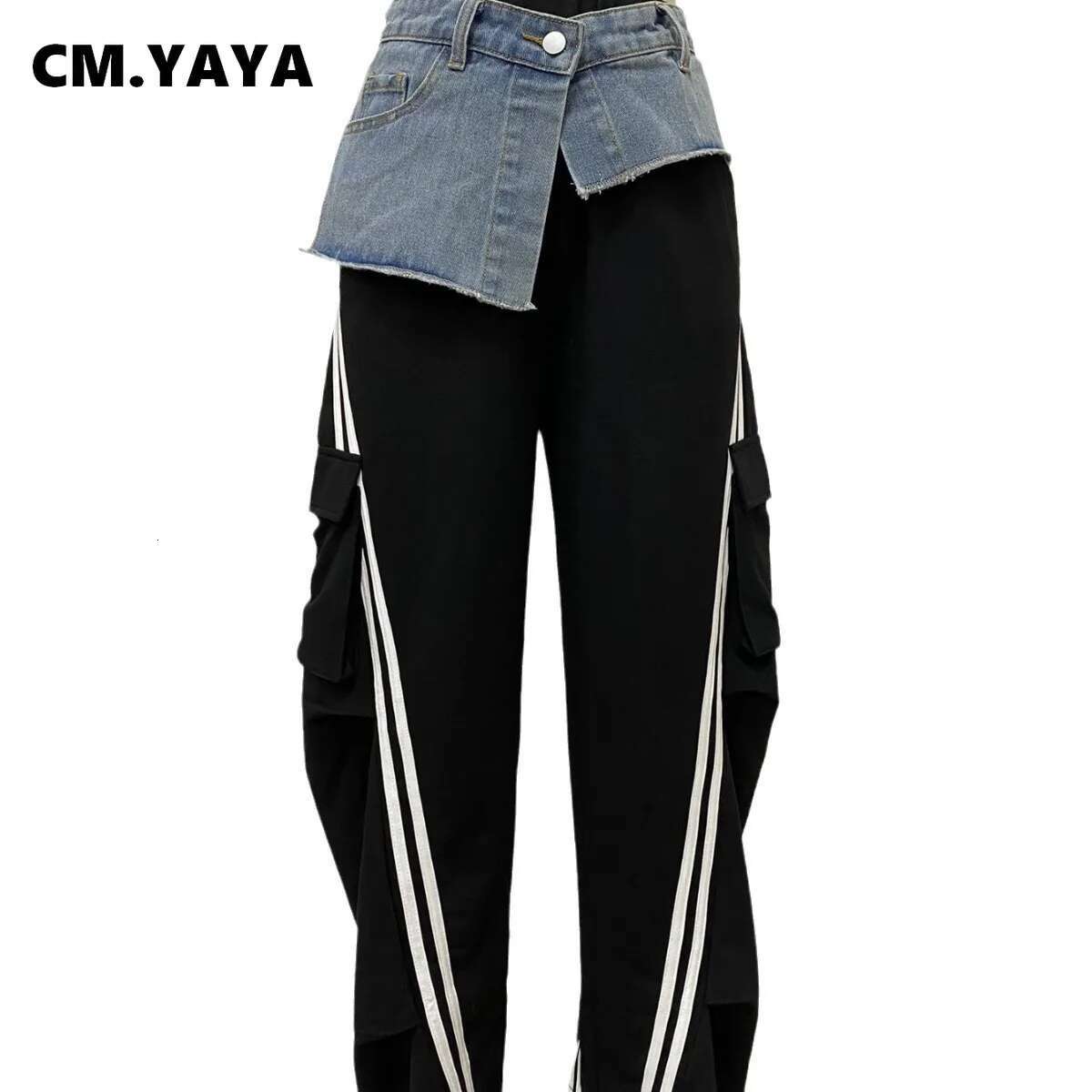 Cm.Yaya Fashion Women Denim Patchwork Pocket Side Wide Leg Loose Jogger Pants 2024 Active Jean Splicing Sweatpants Trousers