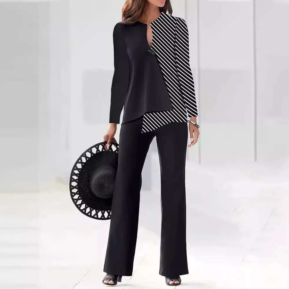 2 Pieces Suit Casual Colorblock Long Sleeve Top And Wide Leg Pants Set Spring Fashion V Neck 3D Print Women's Clothing