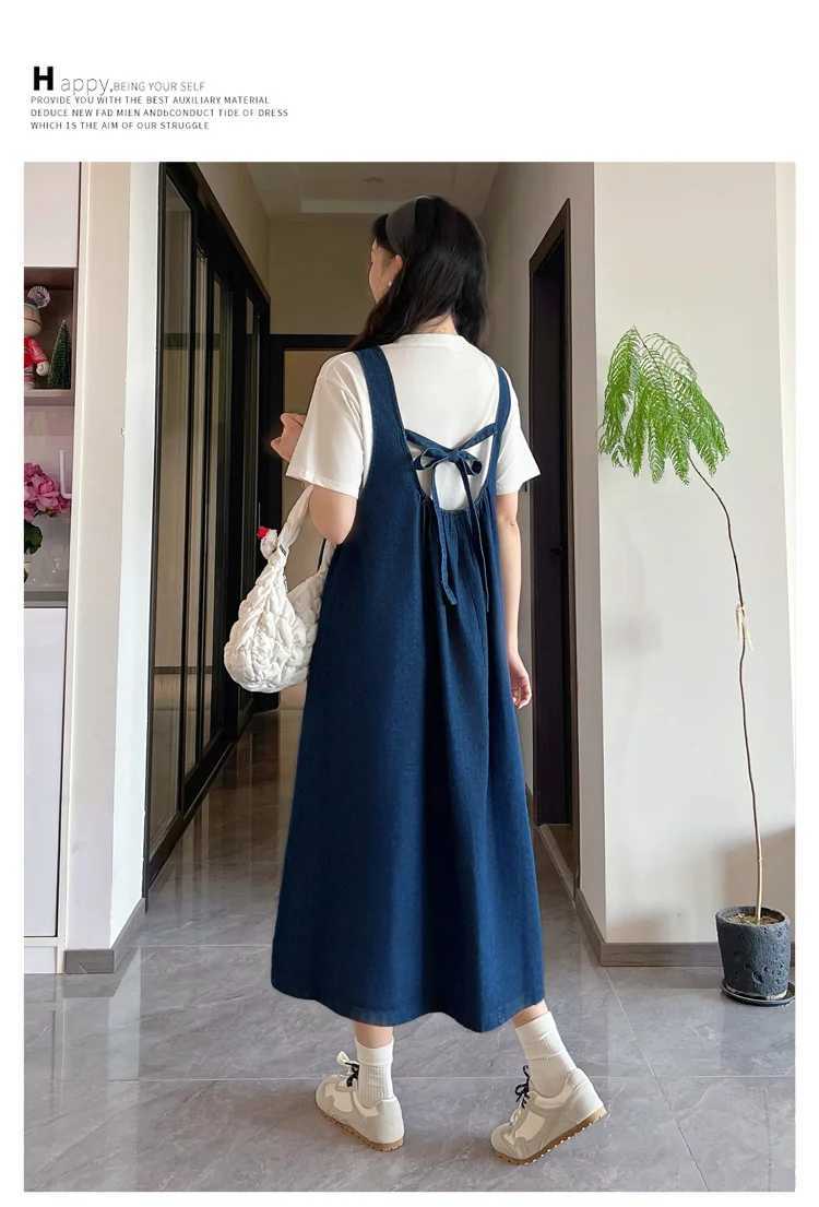 Spring and Autumn New Fashionable Pregnant Womens Denim Strap Dress Floral Embroidery Button Fly Maternity Sundress Loose DressT250311