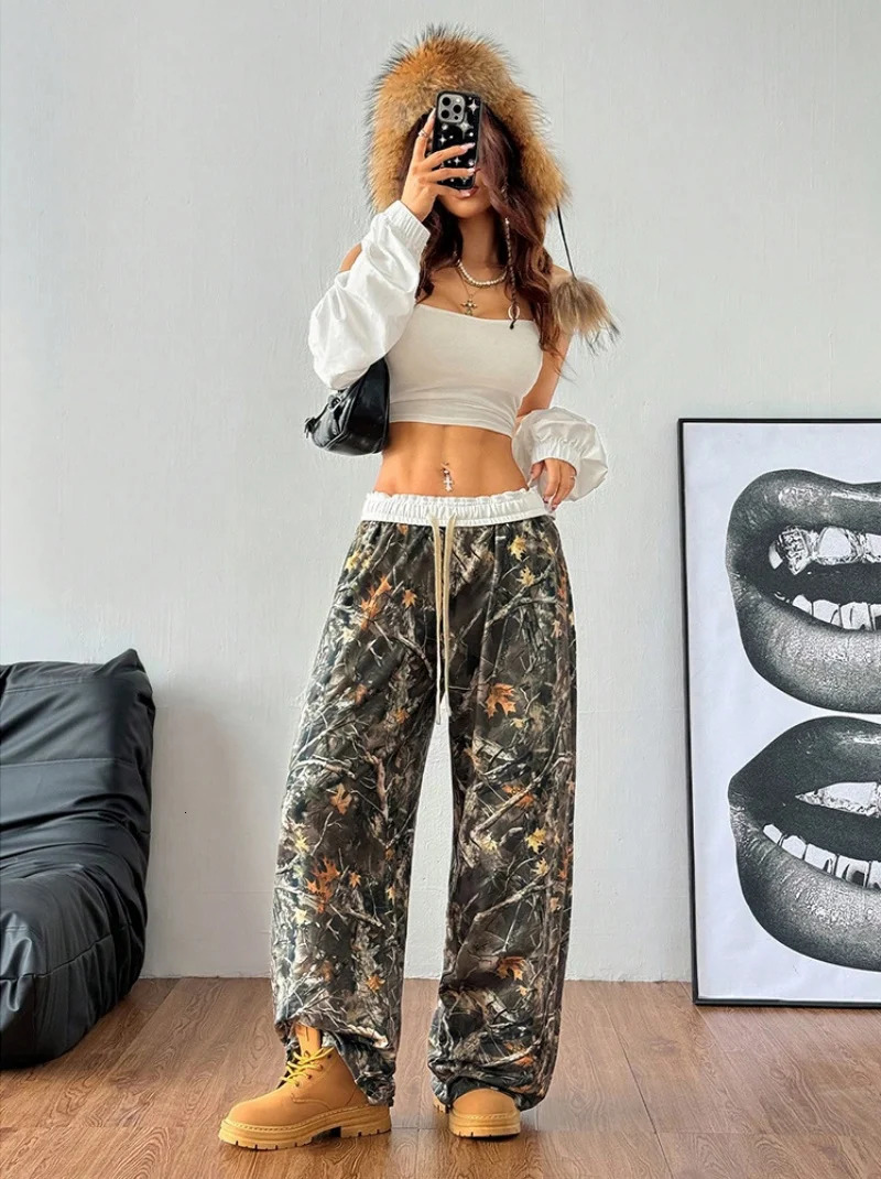 Oversized Hip Hop Baggy Pants Fashion Women Drawstring Pocket Branch Camouflage Wide Leg Pant Casual Sweatpant Cargo Trousers 250310
