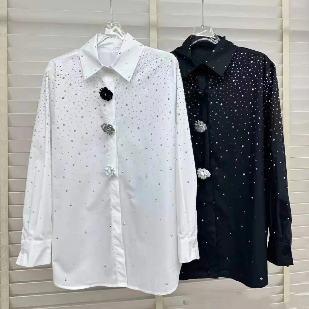 Diamond Black and White Womens Shirt Fashionable Long Sleeve Button Top Blue 250311