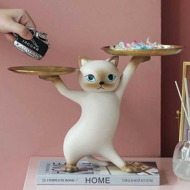 Nordic Resin Cat Tray Statue Bedroom Entrance Home Office Table Desk Decor Accessorie Key Candy Container Storage SculptureT250310