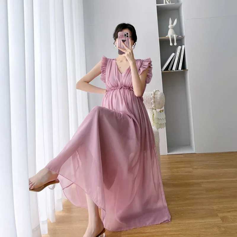 2806# Summer Maternity Photography Dress Elegant Ruffle V Neck High Waist Slim Clothes for Pregnant Women Sexy Hot PregnancyT250311