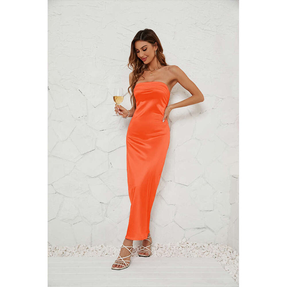 Summer European and American women's solid color chest wrapped elastic backless satin dress 2025 temperament versatile new trend clothing ins