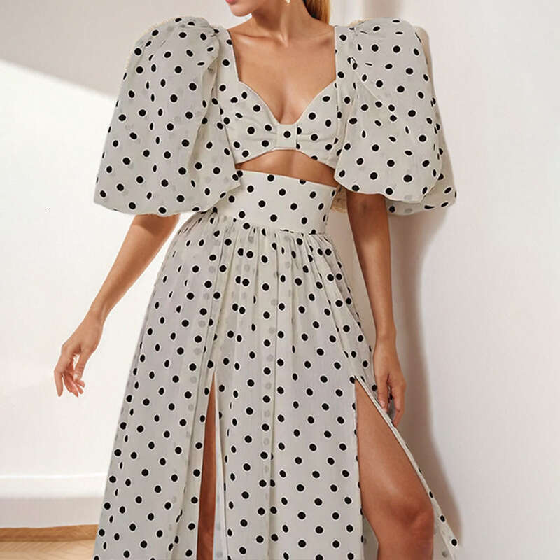 2025 Women's Fashion Vacation Style Bubble Sleeve Short Top Split Skirt Set KLMY