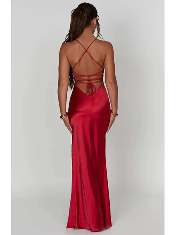 Bandage Backless Elegant Dress Split Hem Spaghetti Strap Slim Cocktail Party Club Fashion Satin Solid Lace-Up Long Dresses 250310