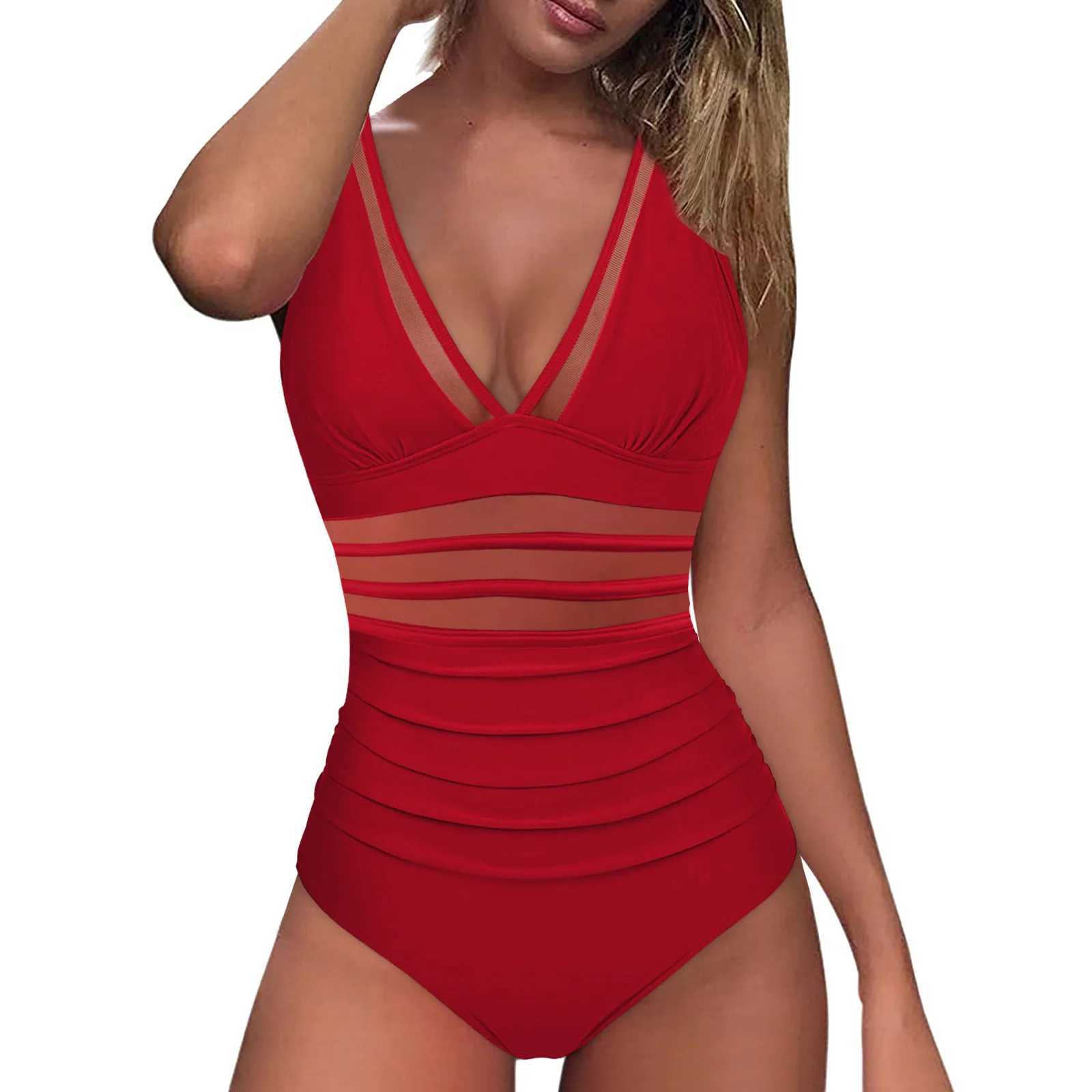 Mesh 1 Piece Swimsuit Sexy Deep V Swimwear Push Up Padded Bikini Solid Ruched Women Monokini Beachwear Brazilian Bathing Suit T250602