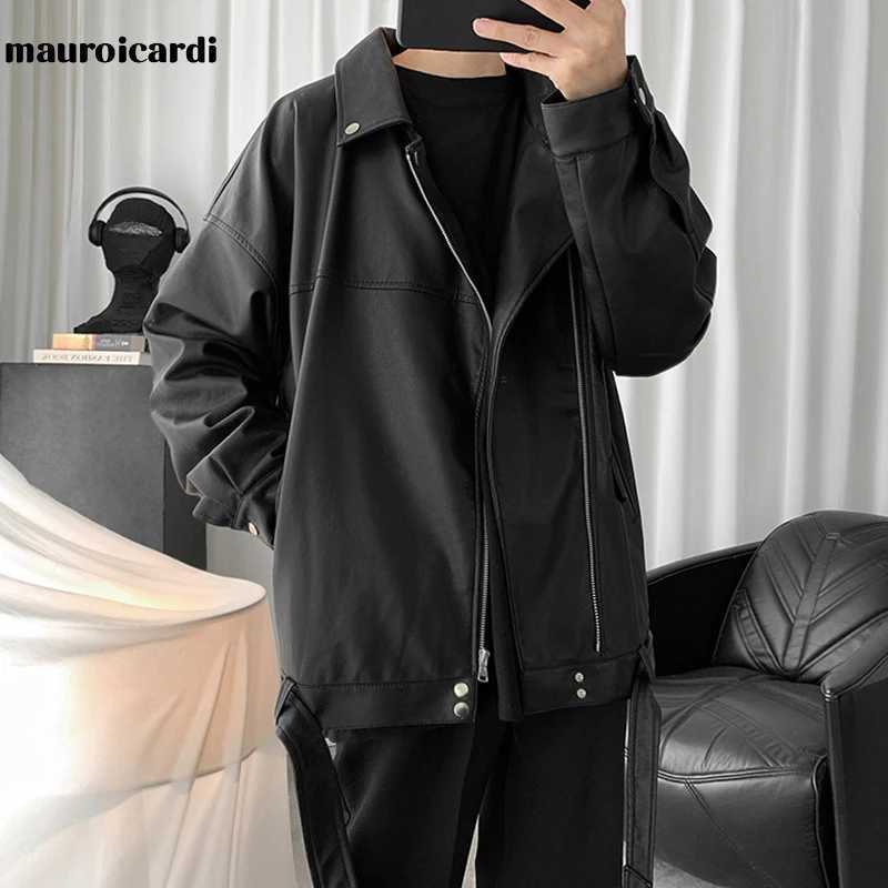 Mauroicardi Spring Black Oversized Leather Biker Jacket Men Casual Loose Korean Fashion 2021 Faux leather Jackets for Men BrandT250311