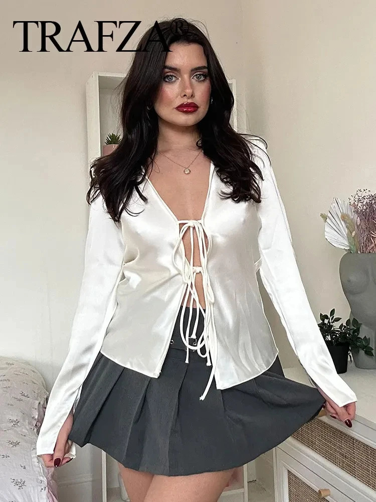 TRAFZA Womens Elegant Satin Lapel Blouses Fashion Long Sleeve Bow Laceup Shirt Female Casual Slim Vneck Tops Streetwear 250311